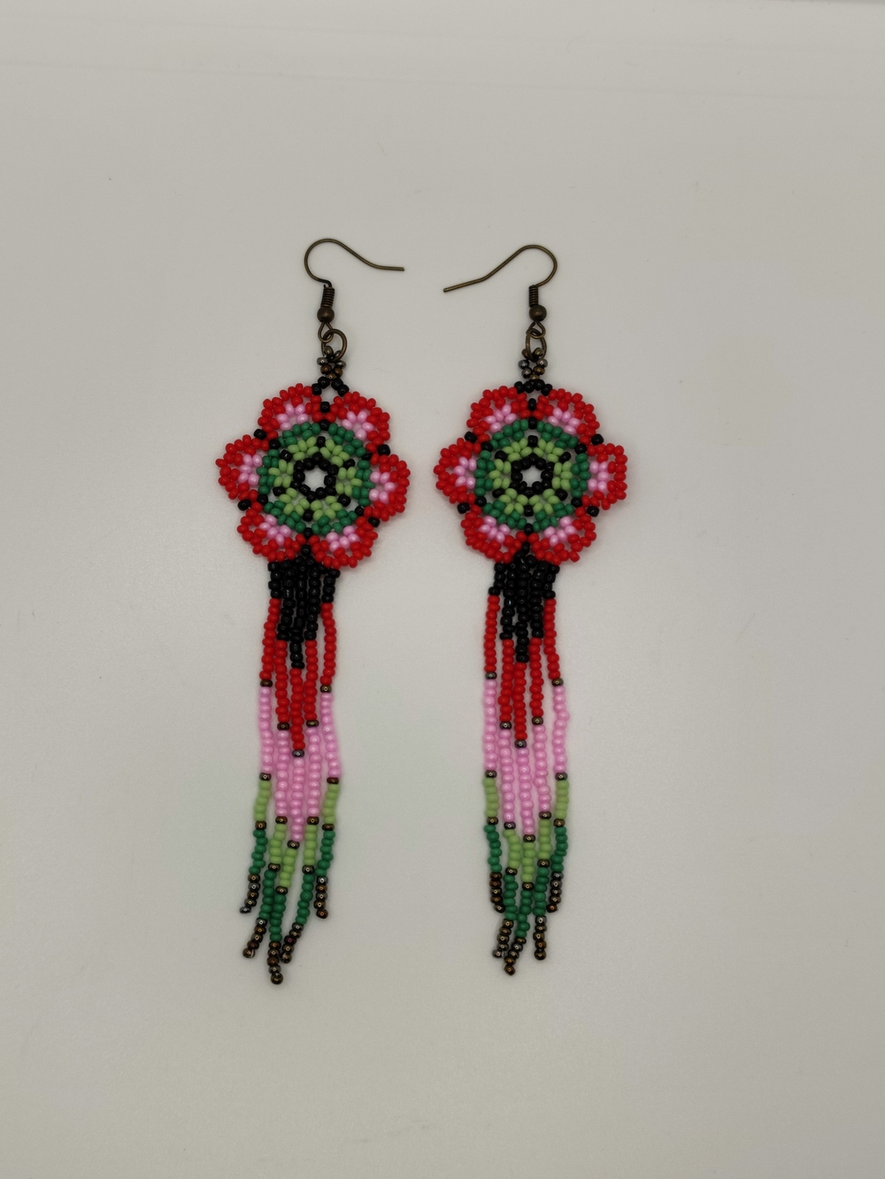 Handcrafted Pink & Green Beaded Floral Fringe Earrings